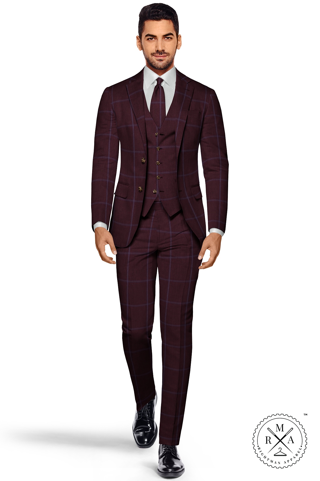 Royal Wine Three Piece Suit With Windowpane Pattern SU55